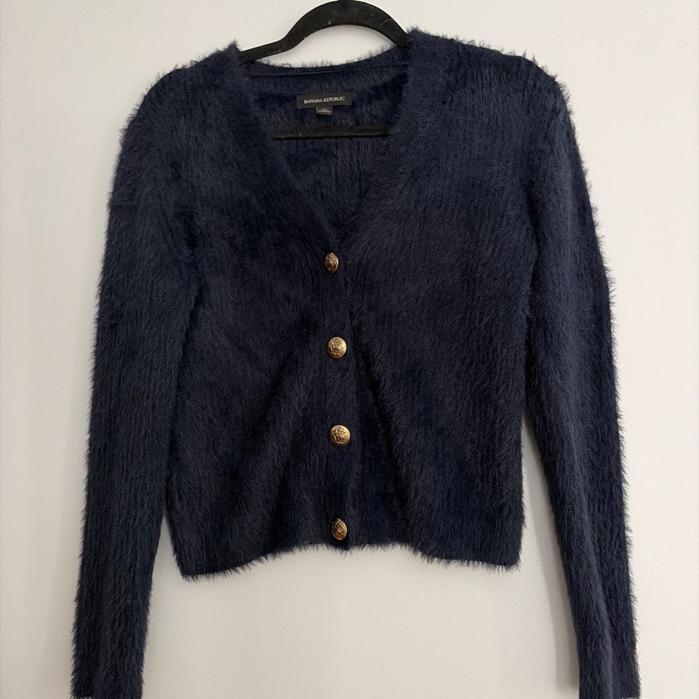 Banana Republic Navy Fuzzy V-Neck Cardigan with Gold Buttons